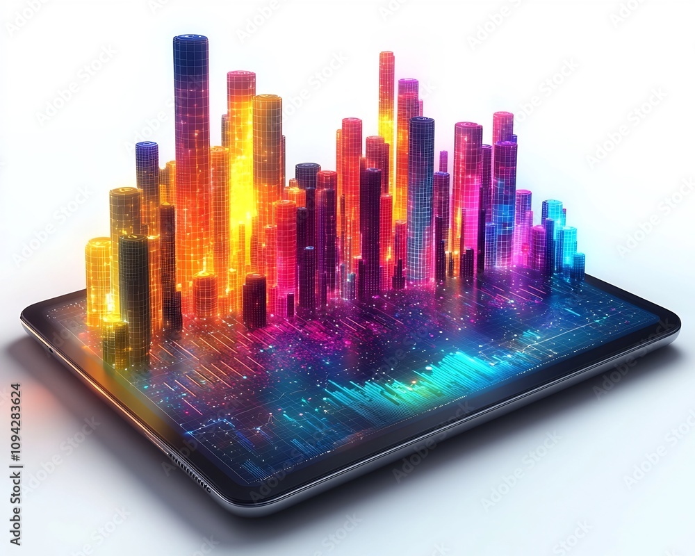 Poster vibrant 3d data graph emerging from digital tablet with glowing bars