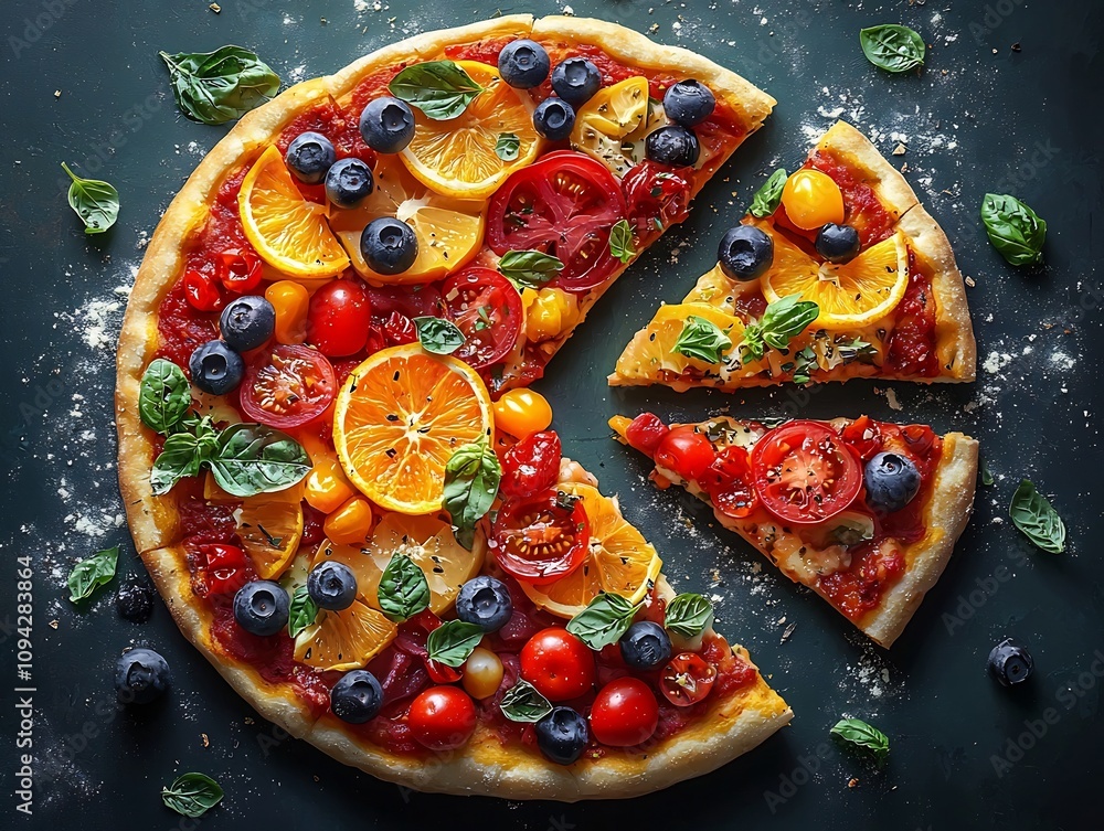 Poster floating pie chart of vibrant food segments on minimalist background with copy space