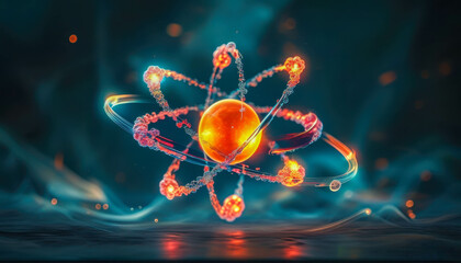 Illustration of an atom with glowing electrons surrounding a central nucleus on a dark background