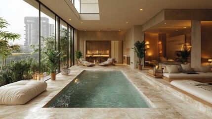 A modern indoor pool area with natural light, plants, and comfortable seating for relaxation.