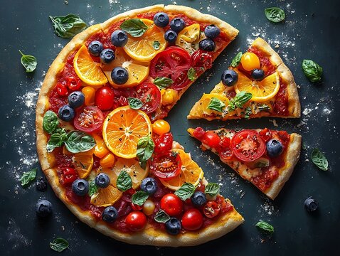 Floating Pie Chart of Vibrant Food Segments on Minimalist Background with Copy Space