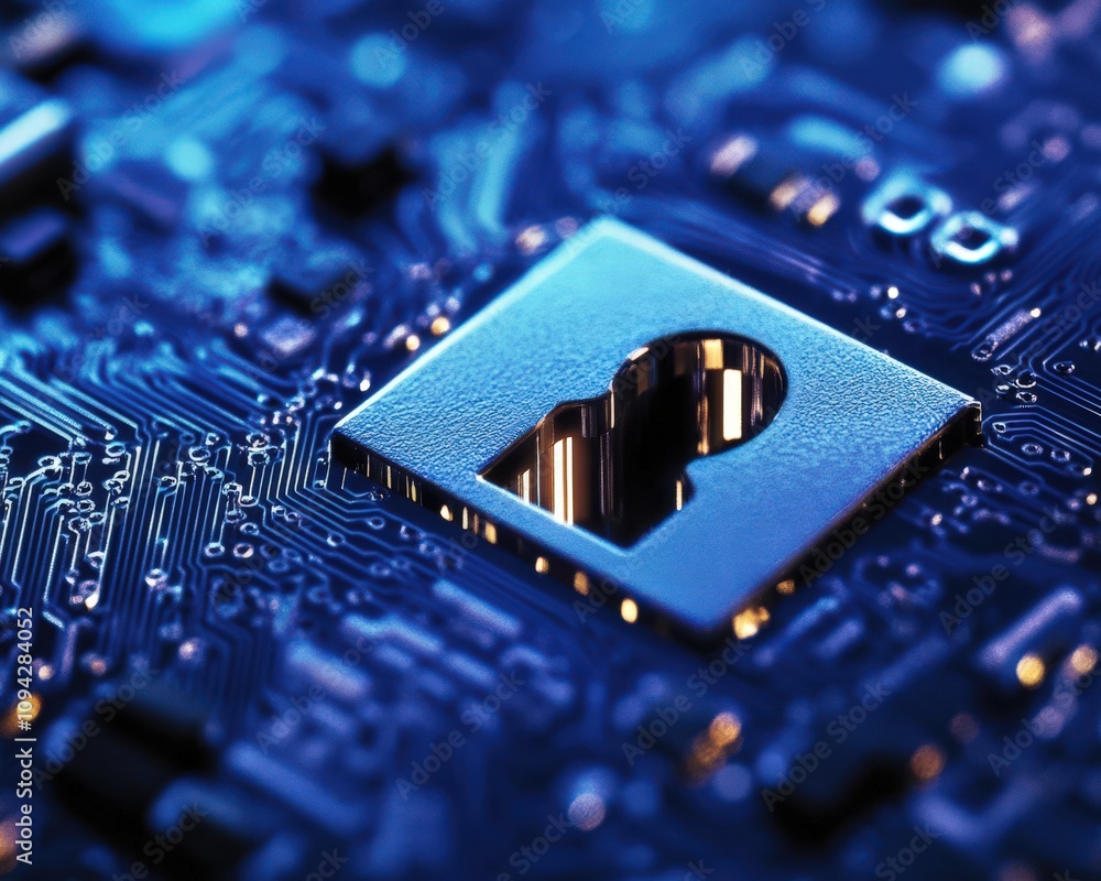 Poster close-up of a digital lock symbol over a circuit board, representing cybersecurity and data protecti