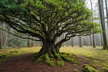 Obraz premium Scenic Tiny Thicket with Dense Canopies and Moss Against a Bright Background