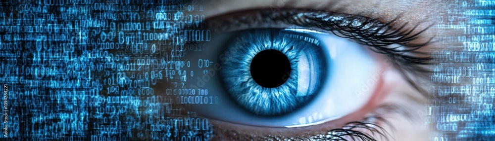 Poster close-up of a human eye with digital elements representing technology and data analysis in a futuris