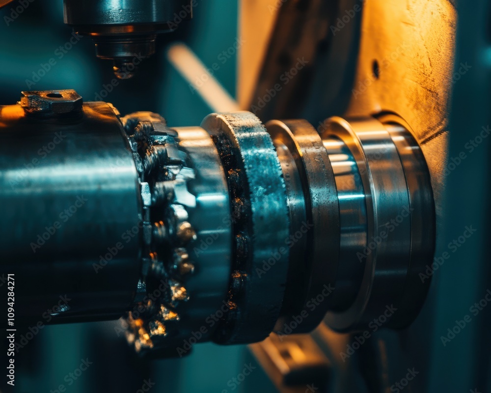 Poster close-up of a metal machine part being processed in a factory with precision tools and warm lighting