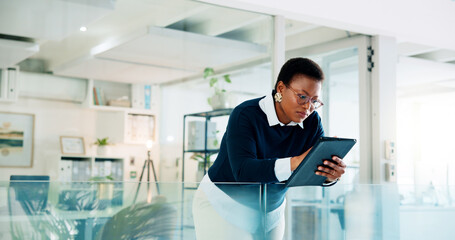 Black woman, tablet and office with lawyer, online and legal case on digital platform. Technology, app and professional with labour law email, website and attorney archive for research at company