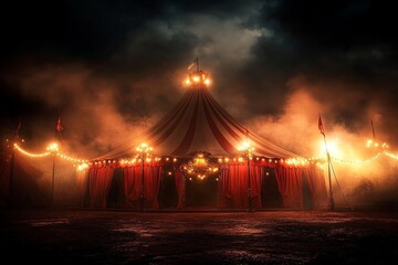 Circus Tent at Night with Stripes and Lights Festive Carnival Attraction