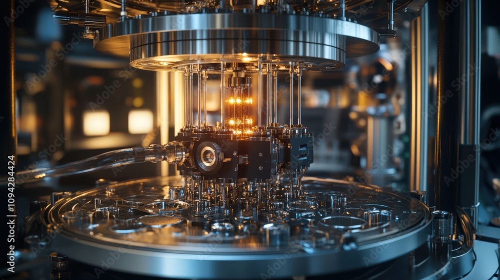 Poster close-up of advanced machinery showcasing intricate details and luminous components in a futuristic 