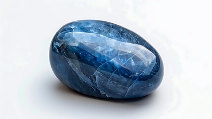 A smooth sapphire blue stone with a subtle shimmer, isolated on a white background.