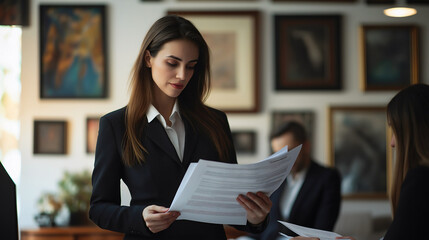 In a sophisticated office adorned with art, a female private equity partner analyzes investment documents while her team collaborates in a soft-lit environment, showcasing professionalism