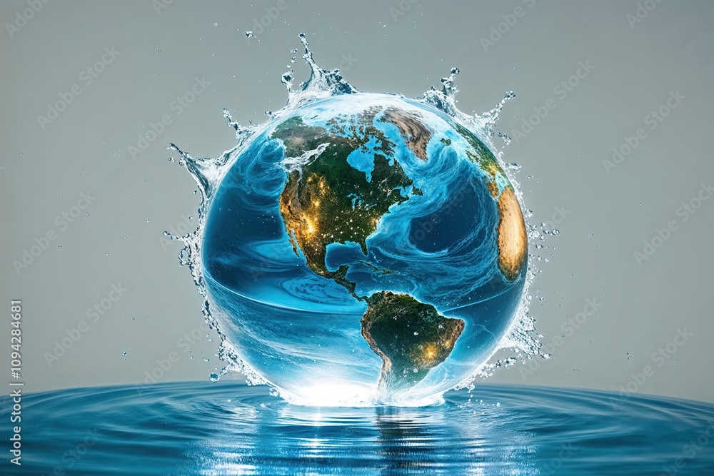 Poster enchanting illuminated water sphere displaying burst effects on plain background