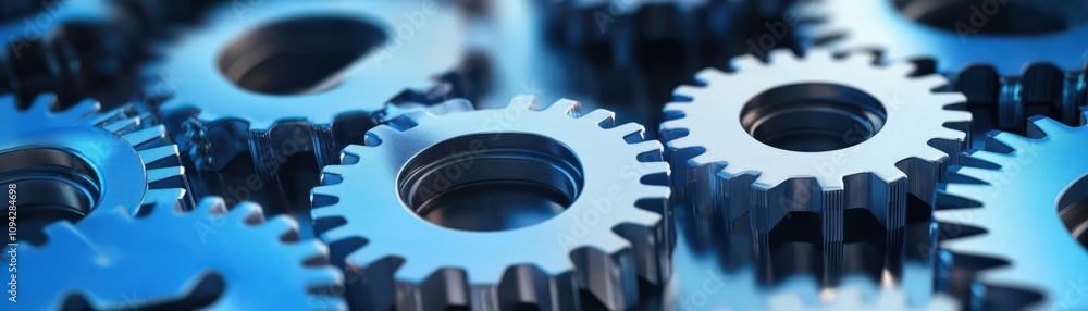 Poster close-up of metallic gears, showcasing their intricate design and functionality in machinery and eng