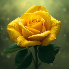 Close-up of a yellow rose with green leaves.