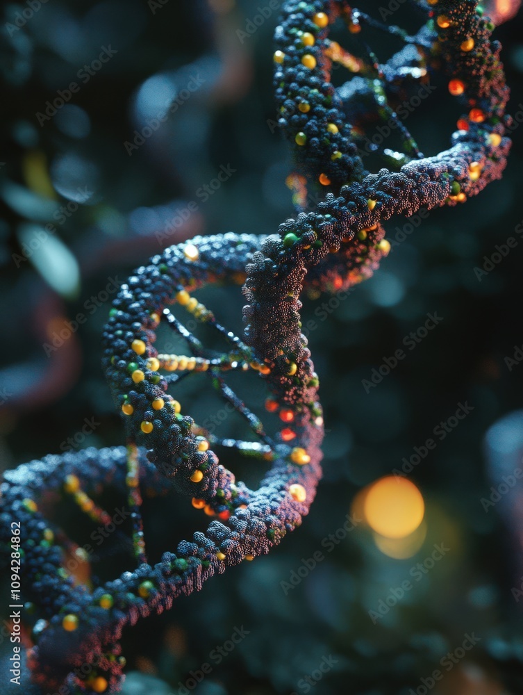 Poster close-up view of a colorful dna strand showcasing intricate structures and glowing elements in a dar