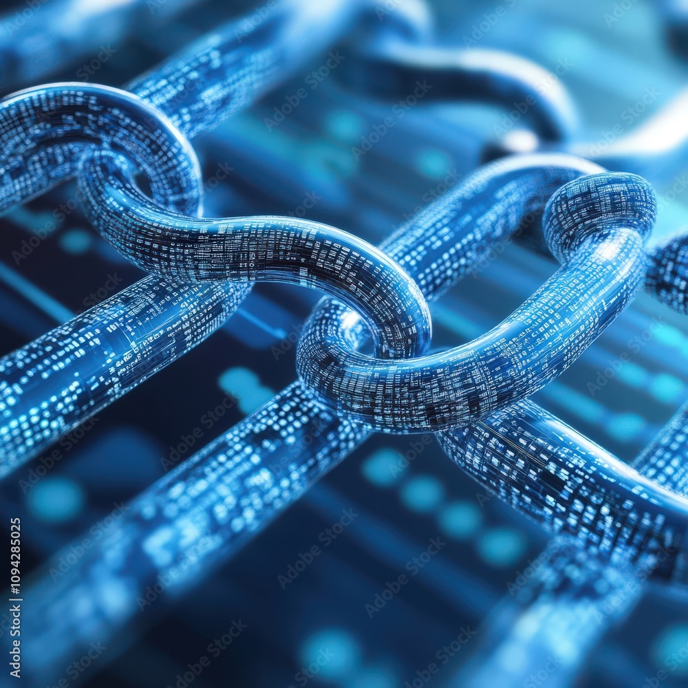 Poster close-up view of interconnected digital chains symbolizing blockchain technology and data security.