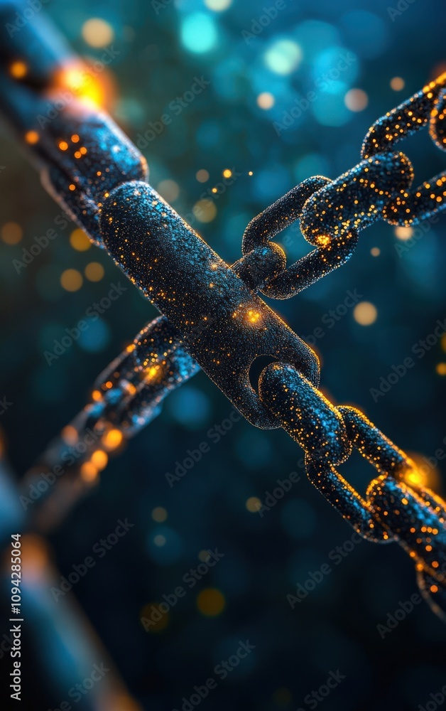 Poster close-up view of metallic chain links with beautiful bokeh and light, symbolizing strength and conne
