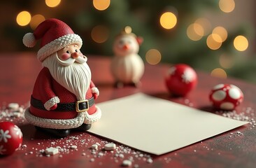 Fototapeta premium Design a holiday table scene with a blank card, Santa figurine, and festive candies.
