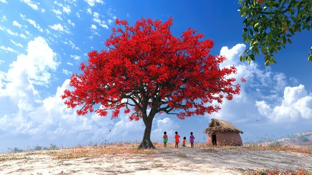 3D animation, childrens are playing under the gulmohar tree which full of red flower background must be indian village look ,graas ,people ,animals 