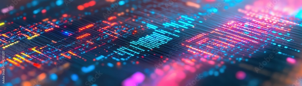 Poster colorful digital circuitry with glowing data elements, representing advanced technology and innovati