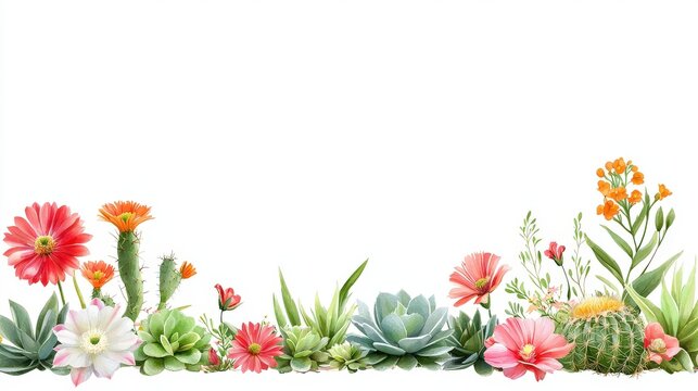A nature-inspired cactus border featuring a variety of desert plants and flowers, ideal for use in invitations, posters, or nature-themed designs.