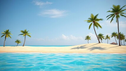 A beach scene with palm trees and sand art set against a backdrop of clear blue ocean waters, palm trees, sandy beach, sand art