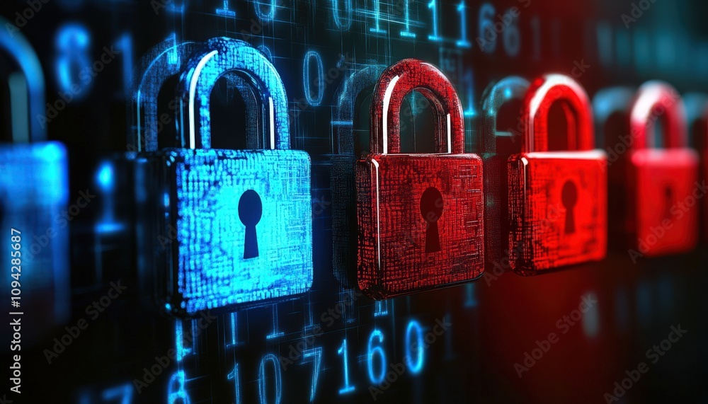 Poster digital locks representing cybersecurity, privacy, and data protection in a high-tech environment.