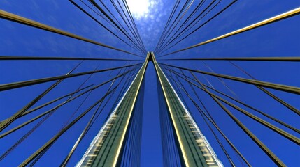 Fototapeta premium A dramatic upward view of a modern architectural structure against a bright blue sky.