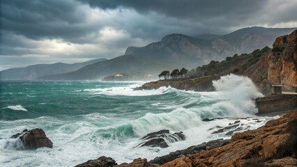 Obraz premium Dramatic Turkish coast with stormy weather and rough sea, coastal erosion, stormy weather