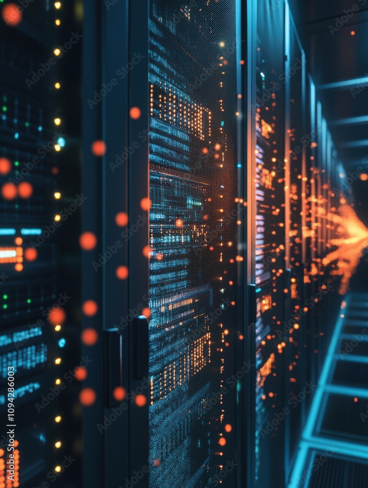 Poster futuristic data center featuring illuminated servers, showcasing advanced technology and digital con