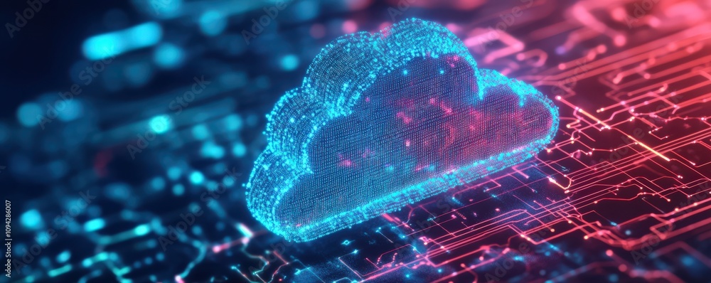 Poster futuristic cloud computing concept with vibrant digital effects on a circuit background. emphasizing