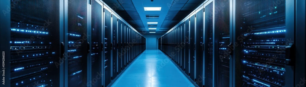 Poster futuristic data center with rows of servers and illuminated racks, showcasing digital infrastructure