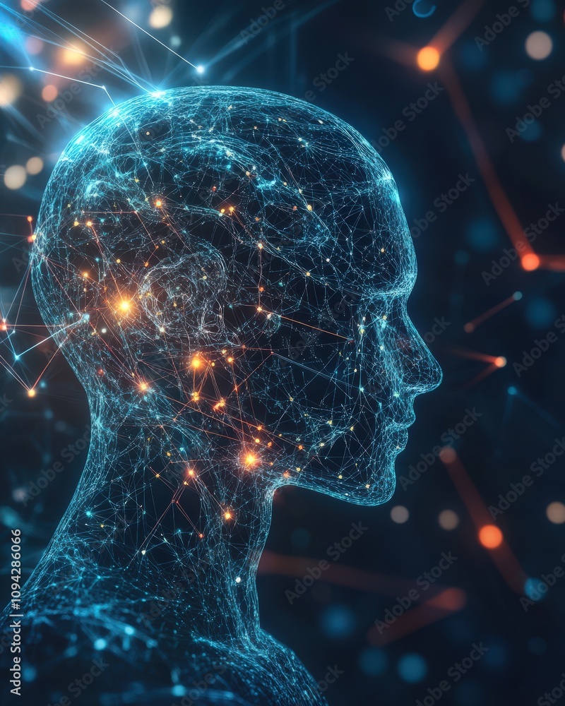 Poster futuristic digital head made of interconnected nodes representing artificial intelligence and human 