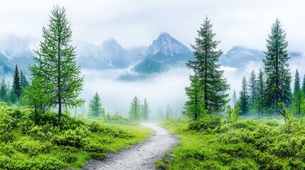Fototapeta premium A quiet mountain trail enveloped in fog, with pine trees creating a moody, tranquil scene.
