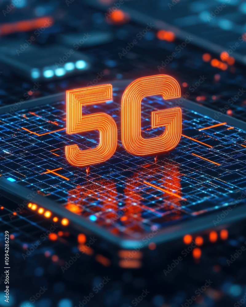 Poster futuristic representation of 5g technology with glowing elements and a digital grid background.