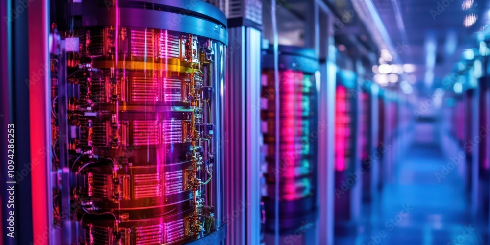 Poster futuristic quantum computing hardware with glowing colored components in a modern data center.