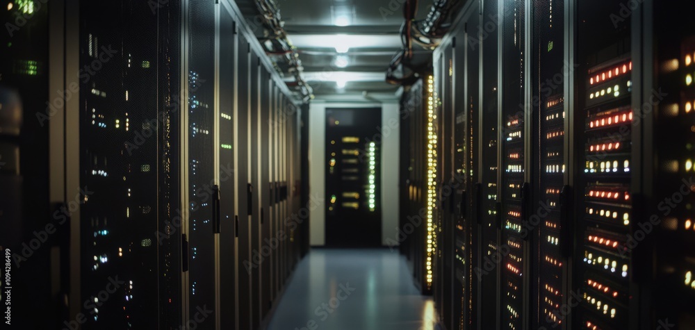 Poster high-tech server room with illuminated data storage racks and modern equipment for network managemen