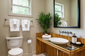 Fototapeta premium Stylish Bathroom Decor Featuring Clear Bamboo Tabletop and Elegant Display of Accessories
