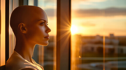 A bald woman reflects on her future while gazing out the window of a modern medical center during sunset