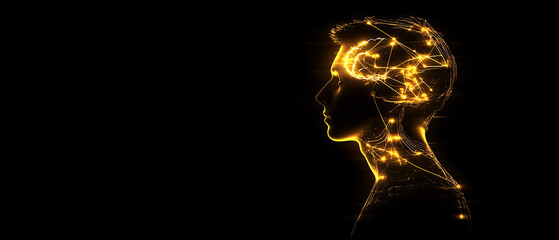 Naklejka premium Abstract Glowing Human Head with Brain Neural Network Connections