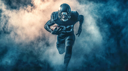 An athletic American football player dominates the field in a dark uniform, charging forward with determination amid swirling smoke effects