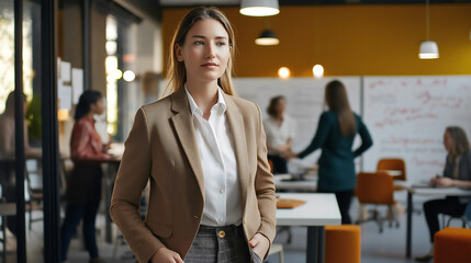 In a vibrant creative space, a younger woman executive in a camel blazer guides a diverse team engaged in an innovative brainstorming session, utilizing writable walls