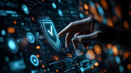 Businessman touching virtual shield and check mark icon