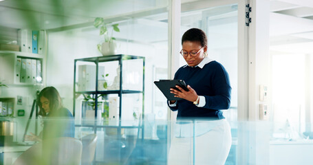 Business woman, tablet and office with lawyer, online and legal case on digital platform....