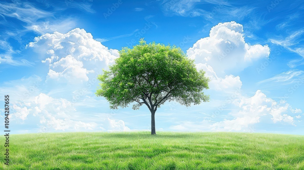 Poster a single tree standing tall in a vast grassy field under an expansive, cloudy sky, evoking peaceful 