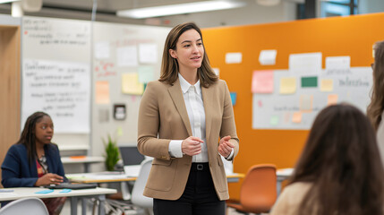 In a bright, collaborative space, a younger woman executive guides her diverse team through an engaging brainstorming session, fostering creativity and teamwork