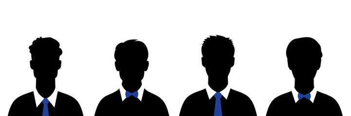 Fototapeta premium Abstract man silhouettes in tie and bow tie. Dark male silhouette avatars. Vector illustration