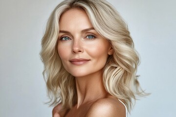 Fototapeta premium Middle-aged attractive woman with fair skin and blonde hair in a white top close up portrait skincare beauty
