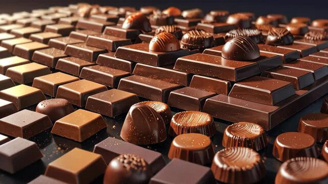 Video footage of variety of chocolates in bars and assorted shapes arranged in a grid pattern, showcasing different textures and designs, creating an elegant and indulgent presentation