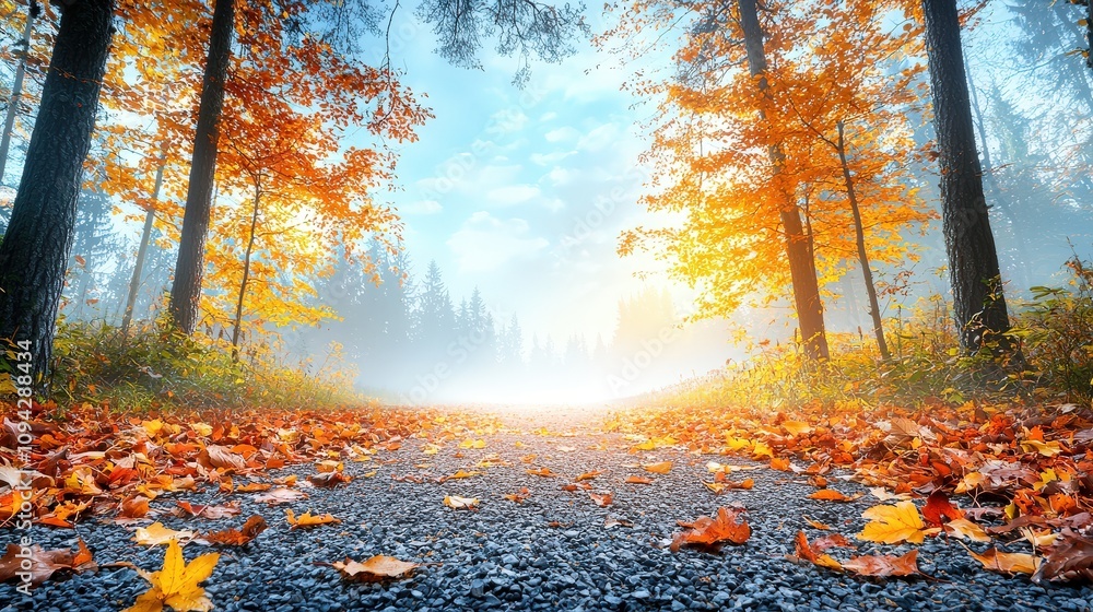 Poster a tranquil forest path covered with fallen leaves, surrounded by tall trees and bathed in soft, diff