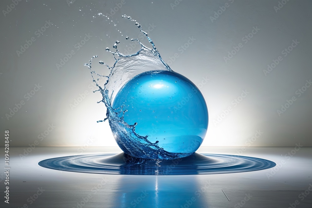 Poster luminous 3d hydro orb splashing in a perfect sphere on a clean white background